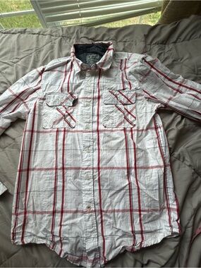 💚3/$25 CCS Small Men's White and Red Plaid Button-Up Shirt